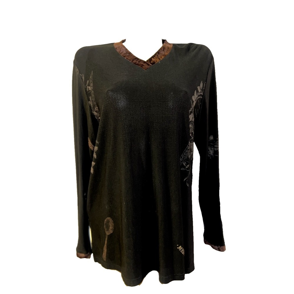 Staley Gretzinger Black French Cafe Graphic Tunic Top Velvet Trim V-Neck Size S